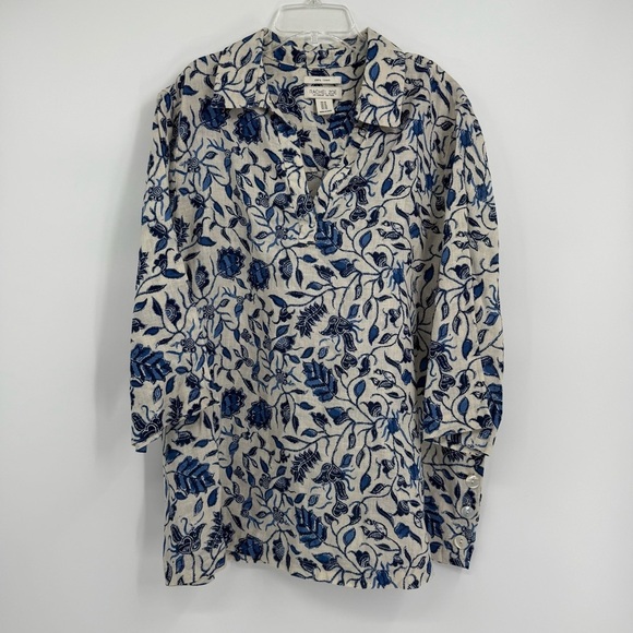Rachel Zoe Size 1X Women’s 100% Linen Cream Blue Floral Popover Tunic Blouse - Picture 9 of 9